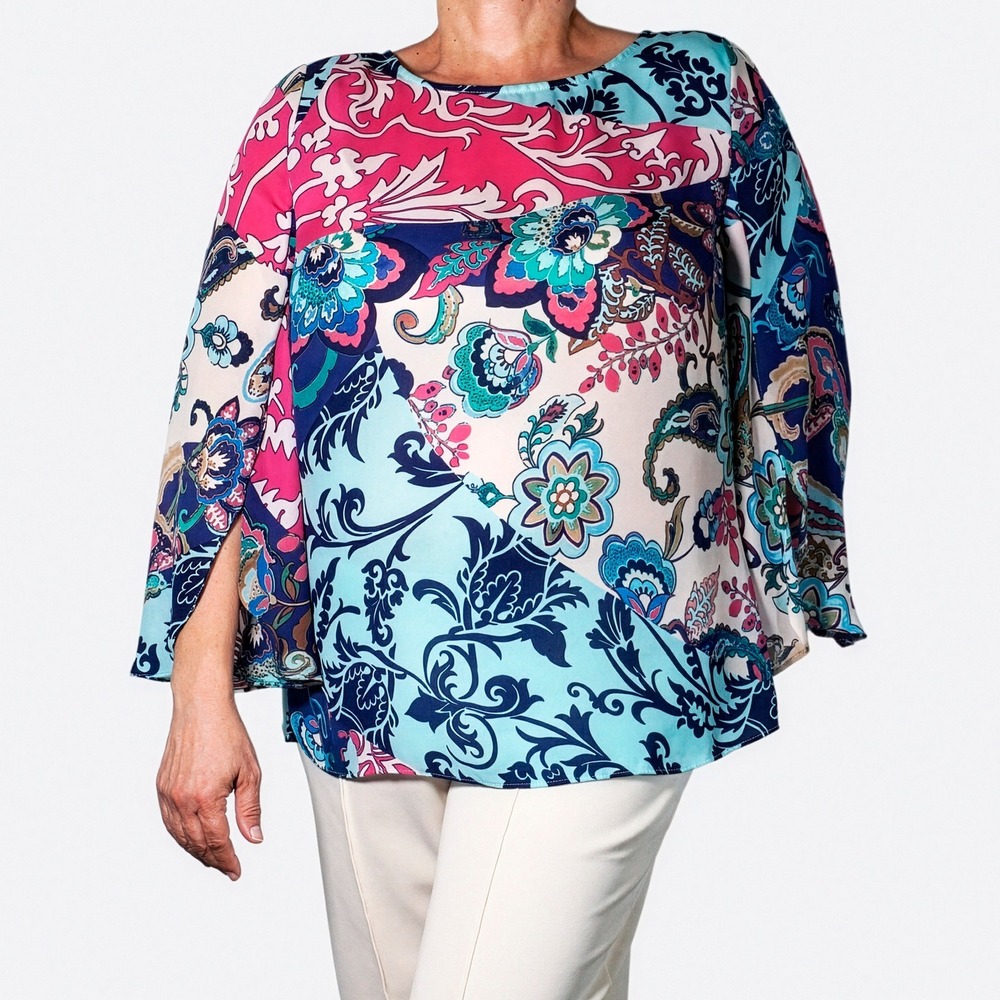 Chico's Split Sleeve Blouse Blue Patchwork Print‎ Floral Paisley Top Size L 0X
